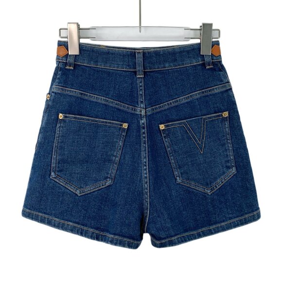 IW0253 Louis Vuitton Dark Blue Logo Leather Buckle Cotton Casual Denim Shorts Si - Picture 2 of 9